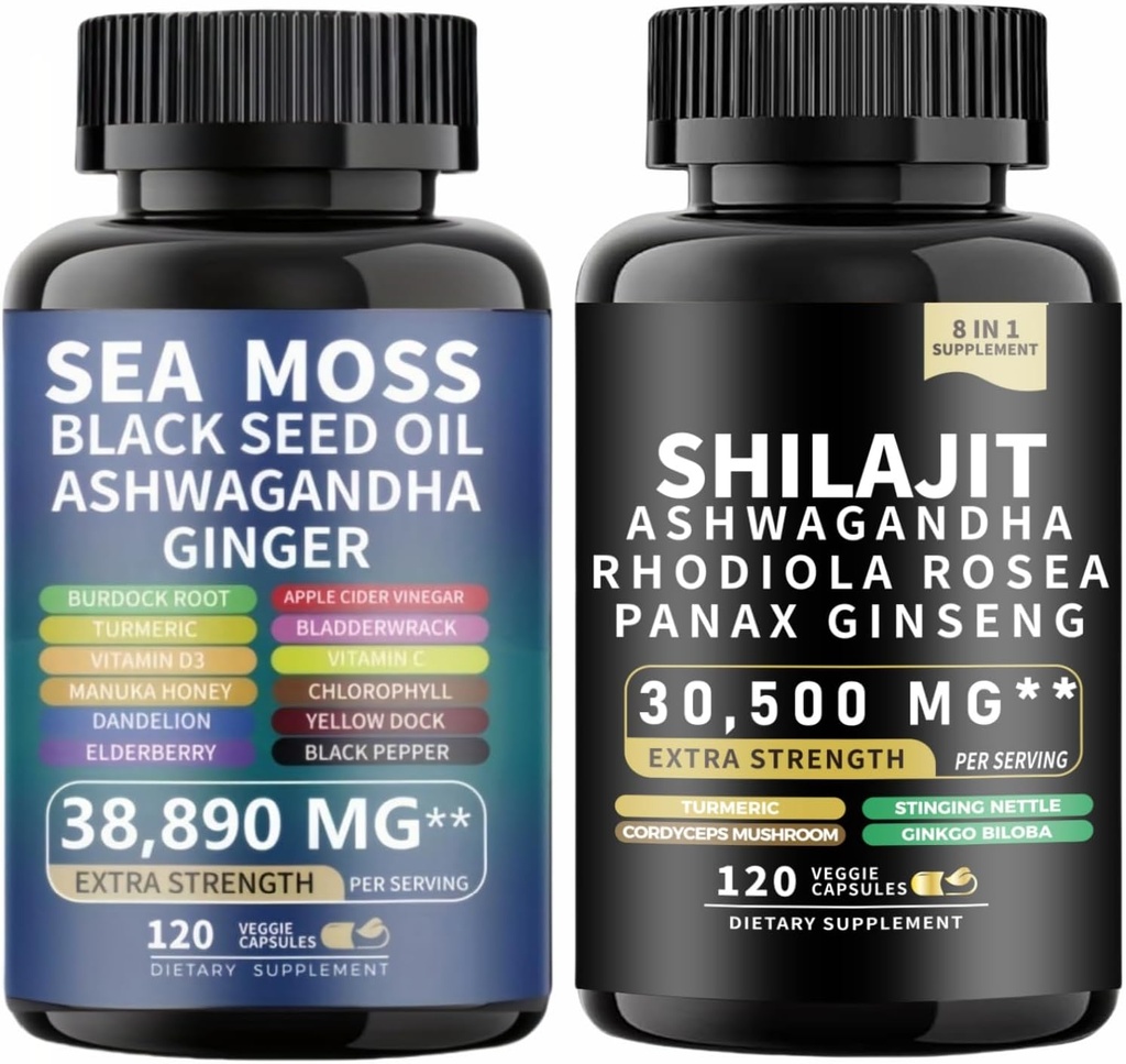 바다 모스와 shilajit 바다 모스 검은 씨앗 기름 Ashwagandha Ginger&shilajit rhodiola rosea panax 인삼 (120 개)