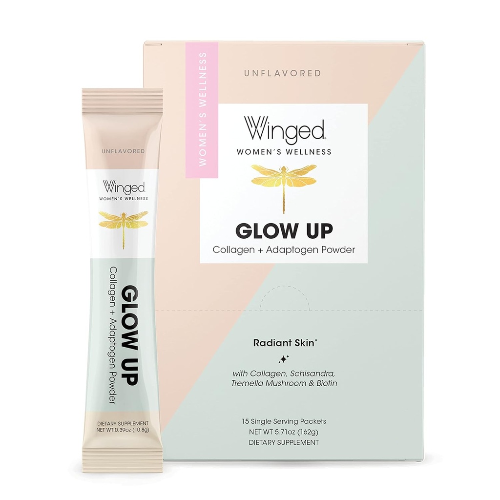 Winged Glow Up Collagen Powder | 더 나은 머리, 피부, 여성용 네일 | Grass Fed Collagen Peptides W/Adaptogen Schisandra, Snow Mushroom, Vitamin C & Biotin | Unflavored, Non Gmo, 15 Count
