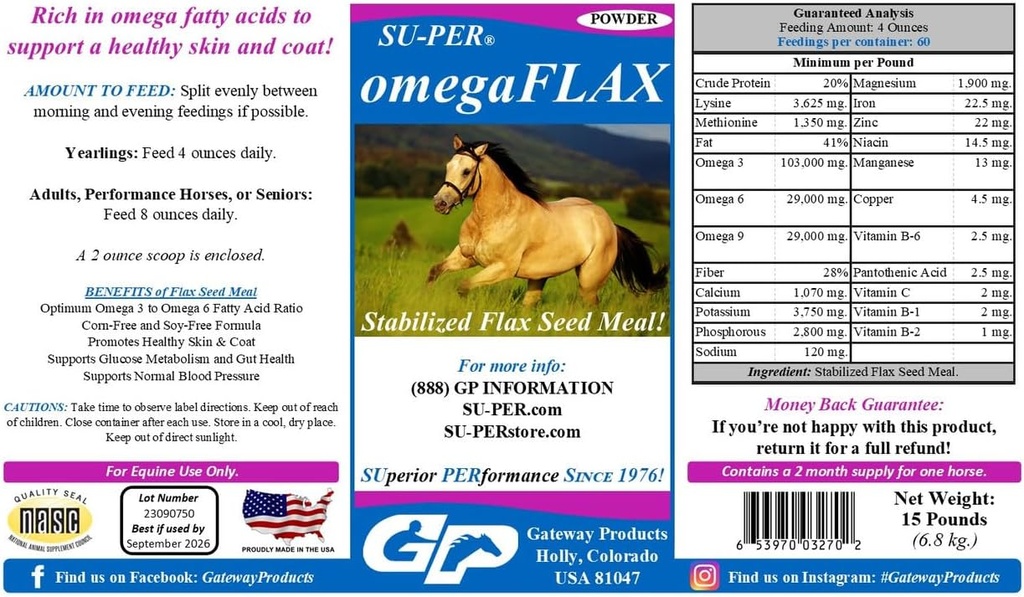 SU-PER OmegaFLAX Flax for Horses - 프리미엄 안정된 Flax Seed Meal & Omega 3 보충 - 건강한 피부 & 외투 지원 - 15 파운드