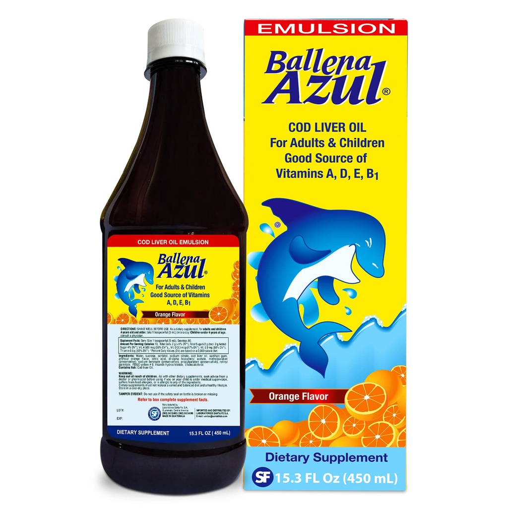 Ballena Azul Aceite de Hígado de Bacalao para Adultos y Niños, 성인과 어린이를위한 COD 간장 오일, 비타민 A, D, E, B1, 다이어트 보충, 오메가 3, Inmune System Boost (ORANGE 15 OZ)