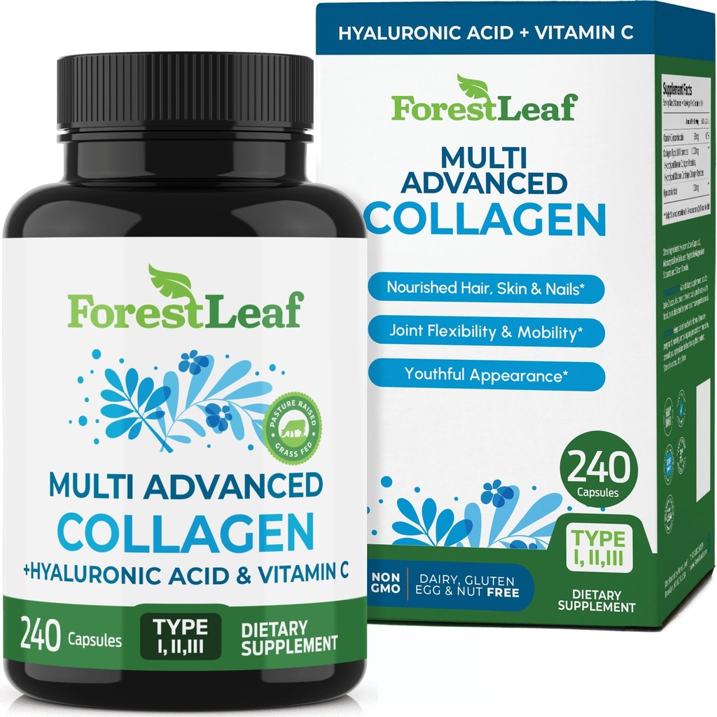 ForestLeaf Multi Collagen Pills - Collagen Men & Collagen Women - 비타민 C & Hyaluronic 산을 가진 가수분해한 교원질 보충교재 - 머리, 피부 & 못 (240의 펩티드 캡슐)를 위한 교원질 캡슐