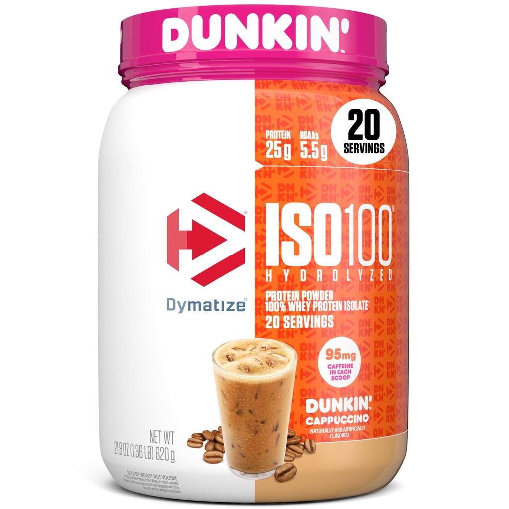 Dymatize x Dunkin' Cappuccino ISO100 Whey Protein Powder, 95mg Caffeine, 25g of Protein5.5g BCAAs, 120 Cal., 글루텐 무료, 1g 지방, 1g 설탕, 2g Carb (20 서빙)