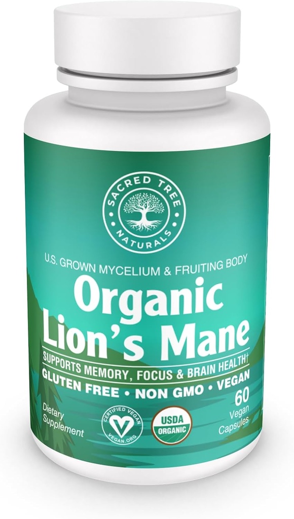 유기 사자 Mane 버섯 캡슐 - 1,000mg 높은 효능 - 뇌 부스트, 초점 및 면역 지원 - 비 GMO, Vegan, 60 조사