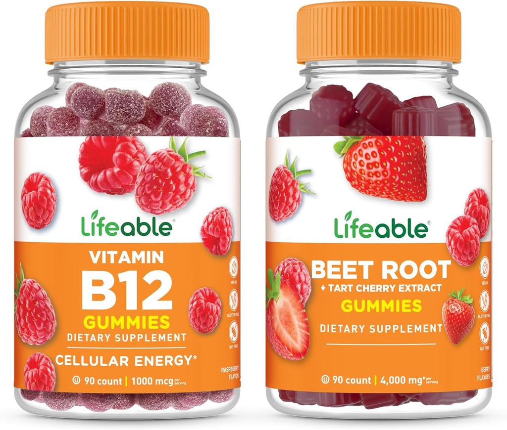 Lifeable Vitamin B12 + Beet Root, Gummies Bundle - 훌륭한 타스팅, 비타민 보충, 글루텐 무료, GMO 무료, Chewable