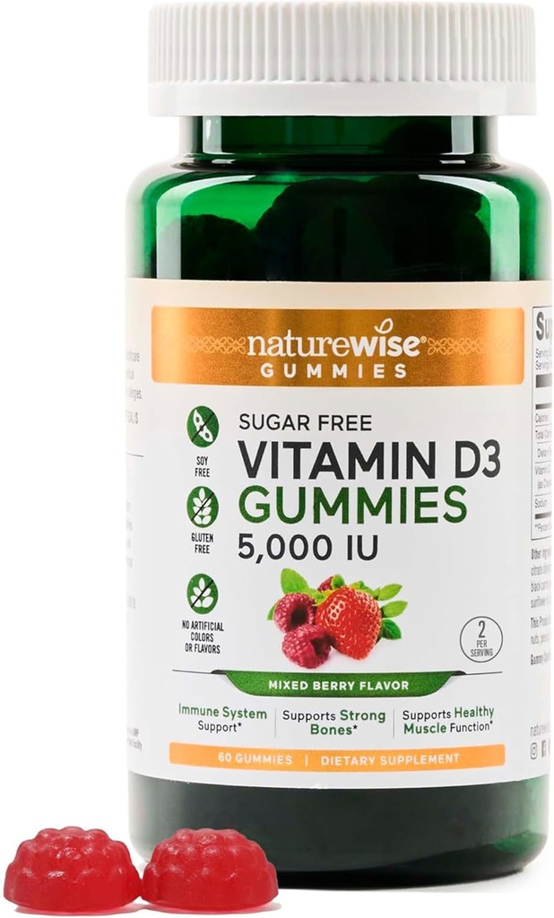 NatureWise 비타민 D3 5000 IU Gummies - 설탕 자유로운 혼합 베리 풍미 - 성인을 위한 비타민 D Gummies, 지원 Immunity, 근육 & 뼈 힘 - 젤라틴 자유로운, 비 GMO- 60 Gummies [1 달 공급]