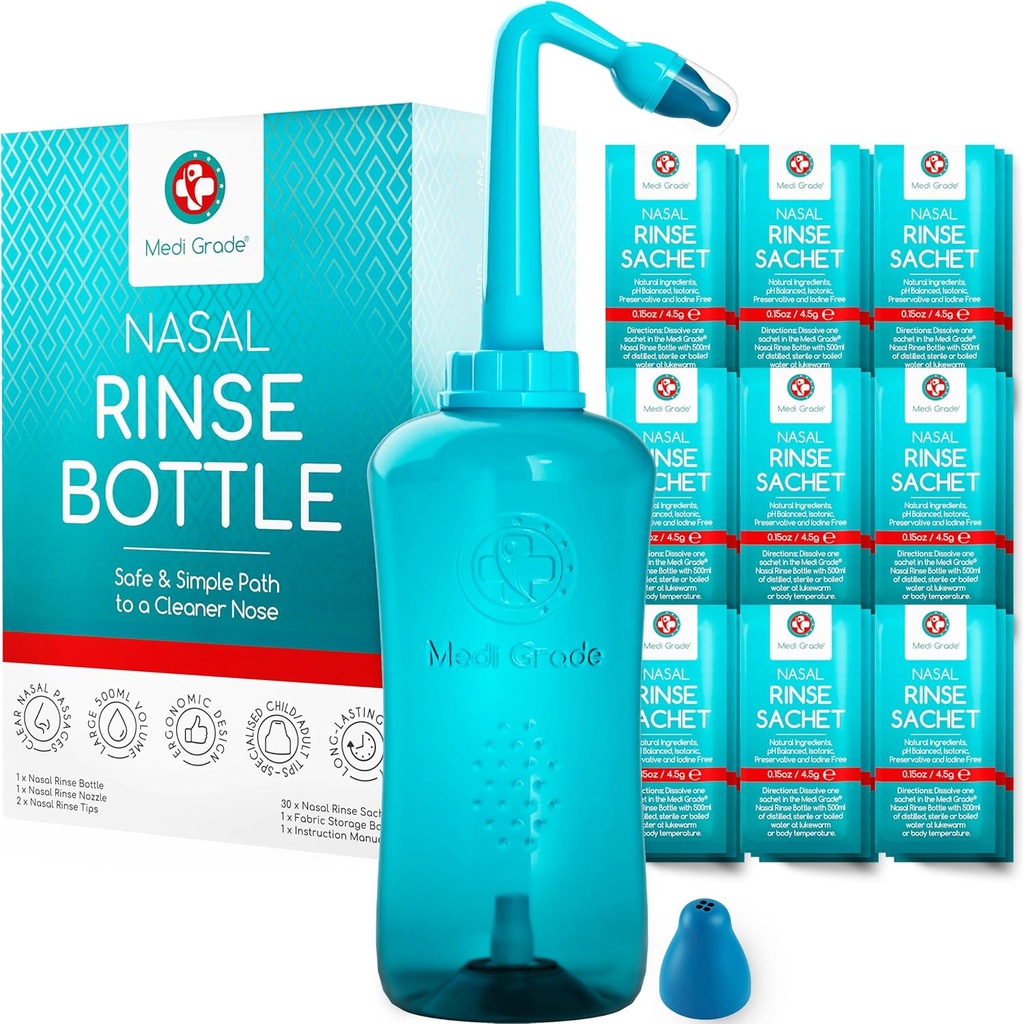 Medi Grade Sinus Rinse Bottle, 30 Sinus Rinse Packets가있는 500ml - 완전한 Nasal Irrigation System - Neti Pot Nose Cleaner - 가정이나 여행을위한 Nasal Wash Kit - 2 Nasal Rinse Tips and Storage Bag