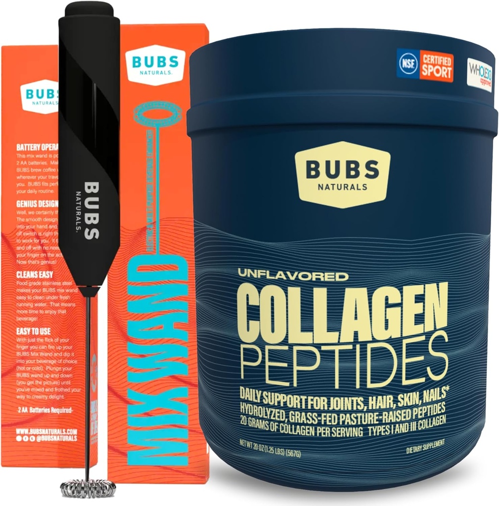 BUBS Naturals Collagen Peptides Powder & Mixing Wand Bundle, 여성 및 남성, 가수분해 된 펩타이드, Unflavored Pasture Raised Grass Fed, Keto Friendly, 20 oz Collagen Tub (28 서빙) +1 Wand