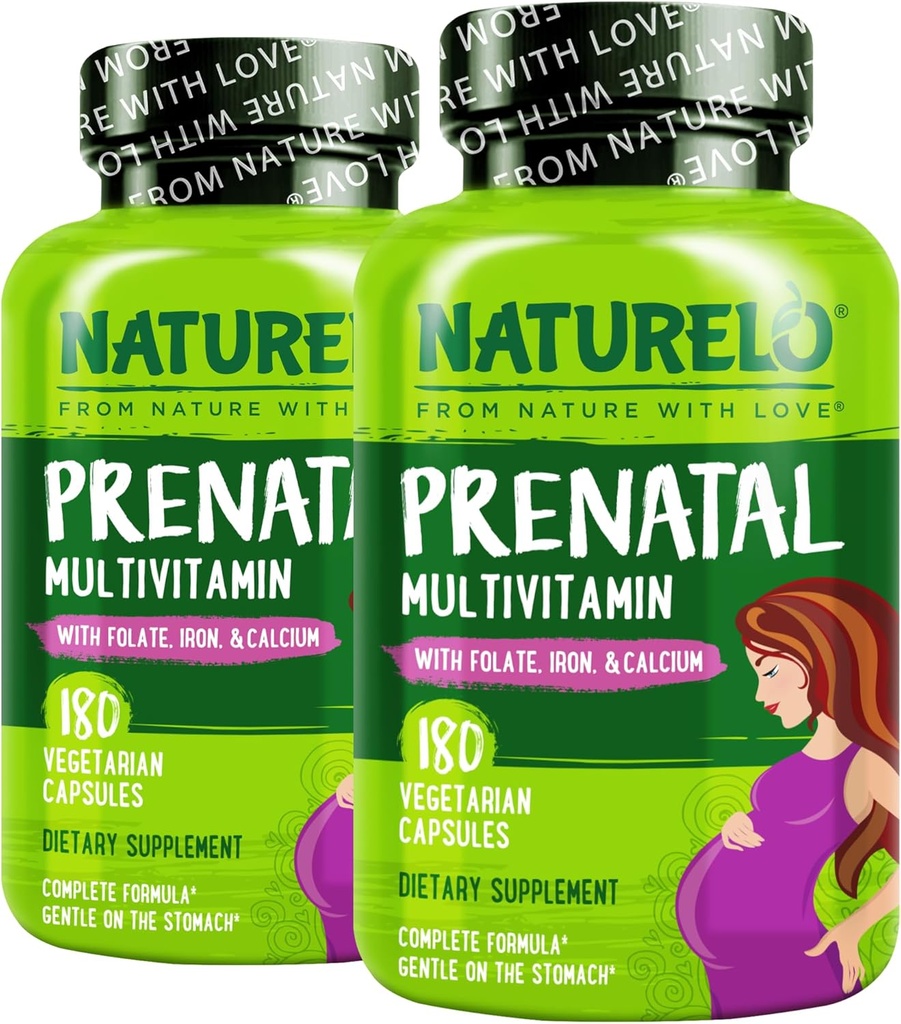 NATURELO Prenatal Multivitamin with Gentle Chelated Iron, 메틸 Folate, 식물 칼슘 & Choline - 채식주의, 채식주의 - 비 GMO - 글루텐 무료 - 180 캡슐 - 4 개월 공급 (팩 2)