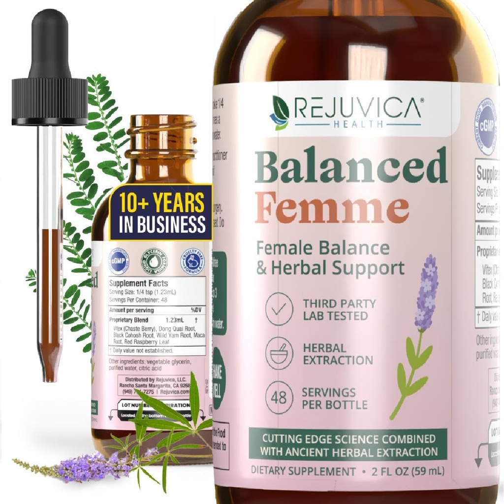 Rejuvica 건강 균형 Femme - 고급 여성 균형 지원 보충 - 더 나은 흡수를위한 액체 배달 - Vitex, Dong Quai, Black Cohosh, Maca Wild Yam & More!