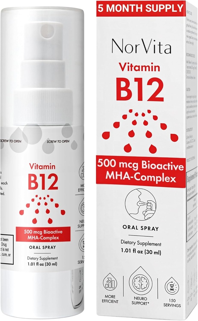 비타민 B12 스프레이 500 mcg (150 서빙) - 빠른 흡수 MHA 복합체 (Methylcobalamin, Hydroxycobalamin, Adenosylcobalamin) - 채식주의자, 비 GMO, 액체 B12 보충교재