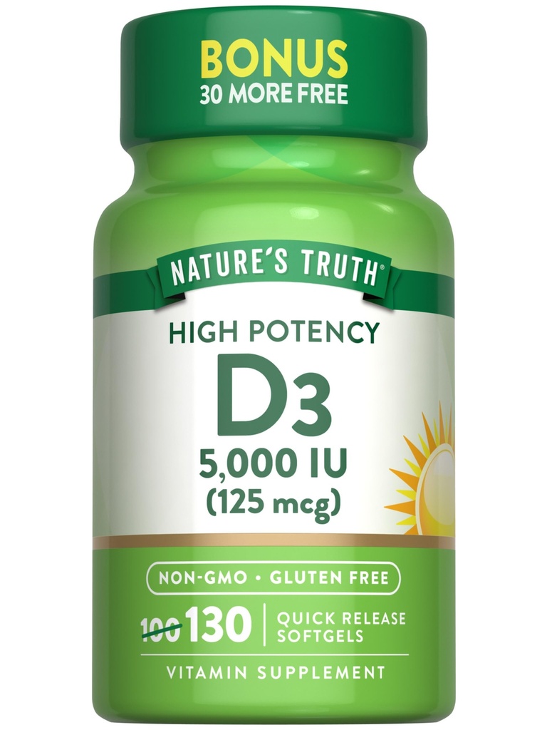 자연의 진실 비타민 D3 5000 IU Softgels | 130 개 | 높은 효능 | 비 GMO & 글루텐 무료 보충