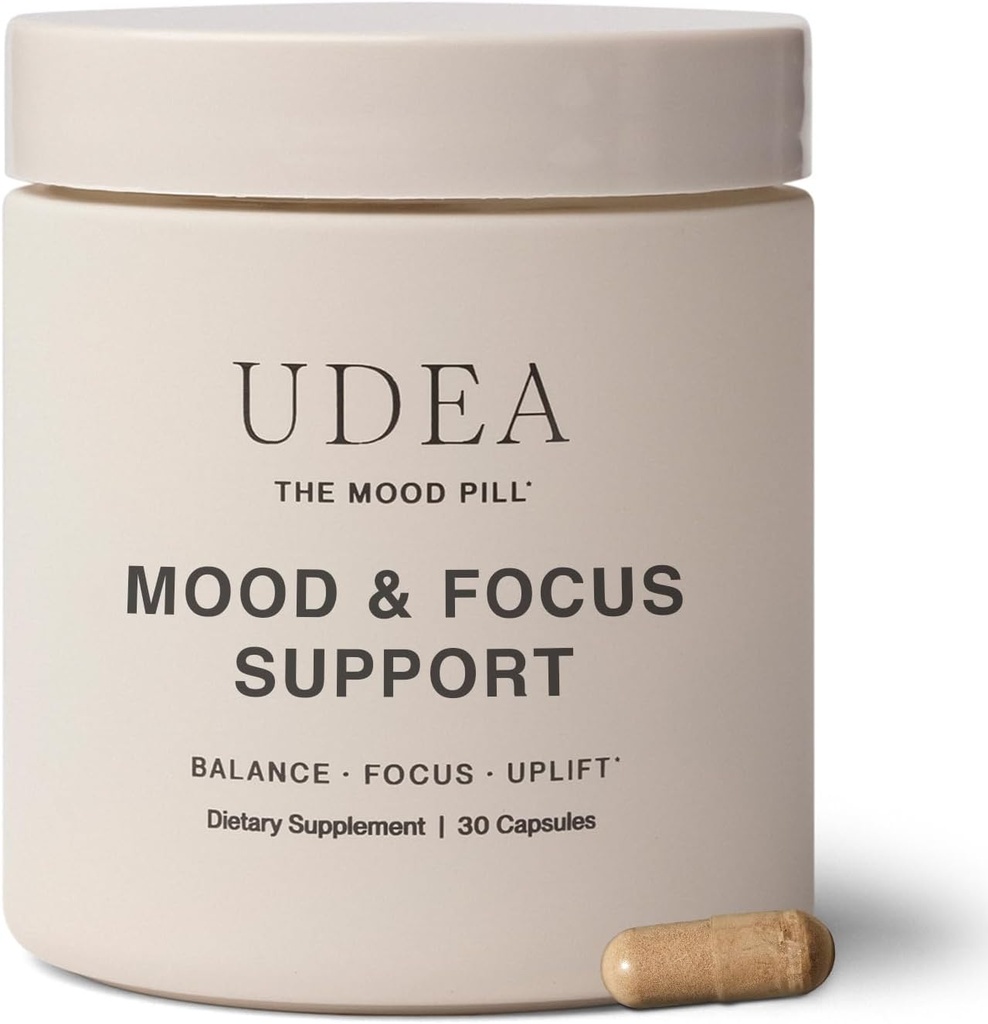 UDEA Wellness, Mood Pill | Adaptogenic Daily Mood Support Supplement for stress, Cognitive Function, Focus & Balanced Energy | 비 GMO, 글루텐 프리 & 비건 무드 및 스트레스 보조제 | 30 캡슐