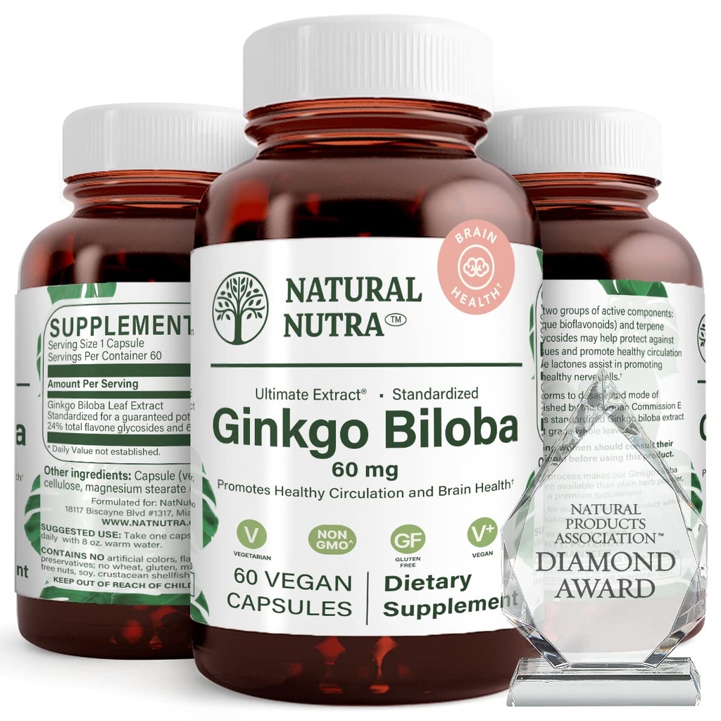 자연적인 Nutra Ginkgo Biloba는, 뇌와 부스트 기억에 순환을 개량하고, 산소 교류를 증가시키고, 뇌 기능, 지원 Nerve 건강, Vegan 및 글루텐 자유로운, (60) 캡슐을 강화합니다