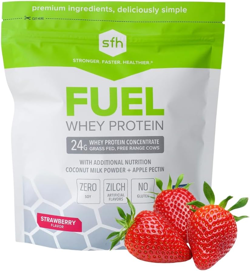 SFH Fuel Whey Protein Powder Great Tasting Grass Fed Whey | MCTs & Fiber for Energy | 모든 자연 | Soy Free, Gluten Free, RBST, 인공 맛 없음 (딸기 (1.6lb Bag))