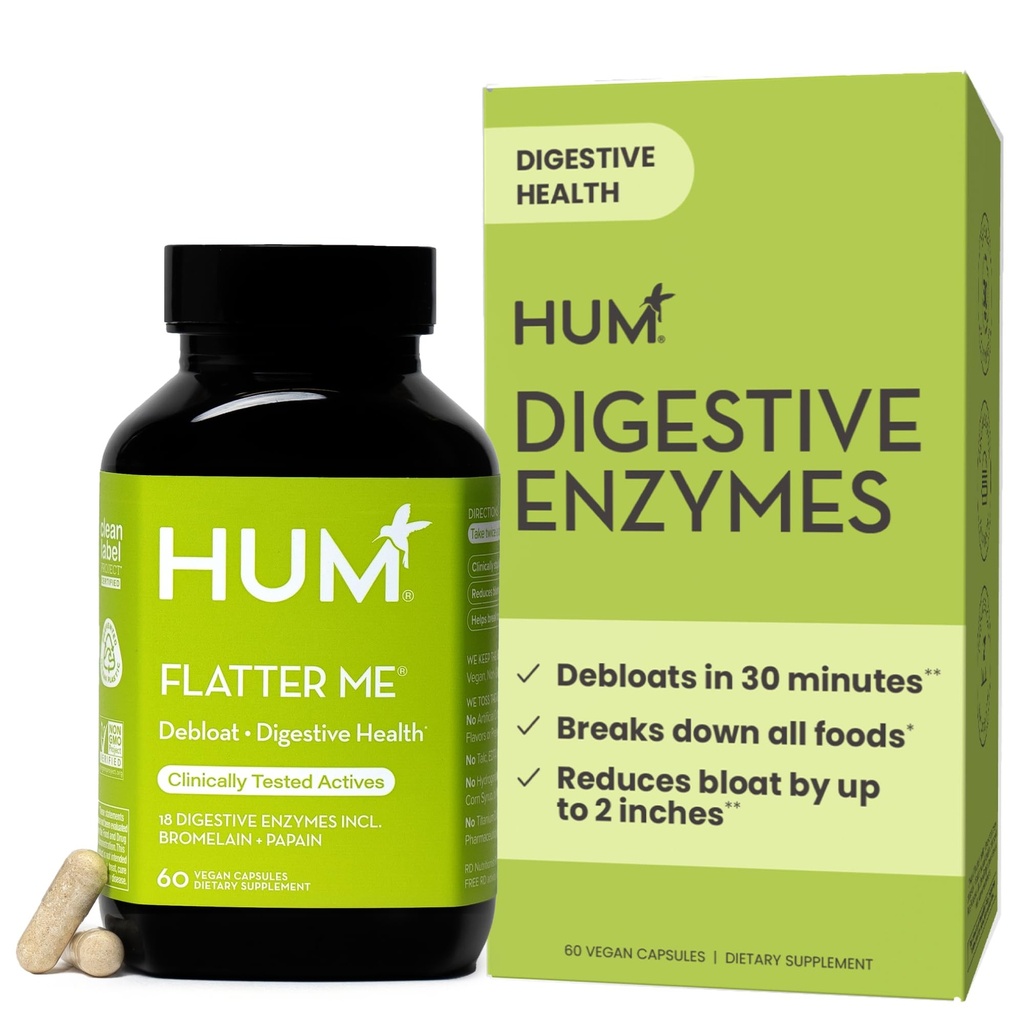 HUM Flatter Me Digestive Enzymes for Women & Men, Ginger & Peppermint 잎을 가진 소화 건강 Bloating 보충교재, 빠른 행동 반대로 Bloat 알약 Debloating를 위한 다 효소, 채식주의자, 60의 캡슐