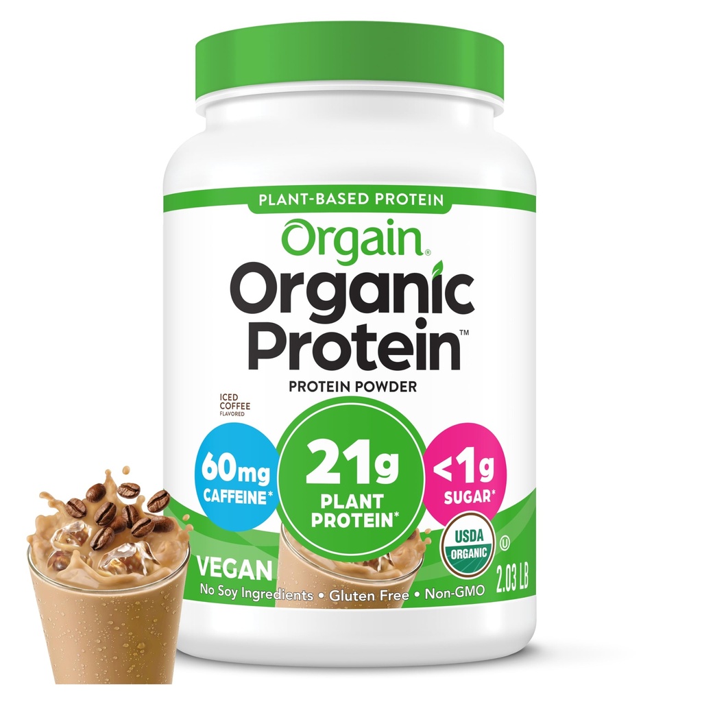 Orgain 유기 채식 단백질 분말, 아이스 커피 - 21g 식물 단백질, Caffeine의 60mg, 낮은 순수한 Carb, Lactose 성분 없음, 추가 설탕 없음, 비 GMO, 쉐이크 및 스무디를 위해, 2.03 lb