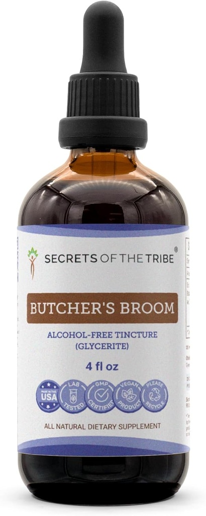 Tribe Butcher의 Broom Tincture 알코올 무료 액체 추출물의 비밀, Butcher의 Broom (Ruscus aculeatus) 건조 뿌리 (4 FL OZ)