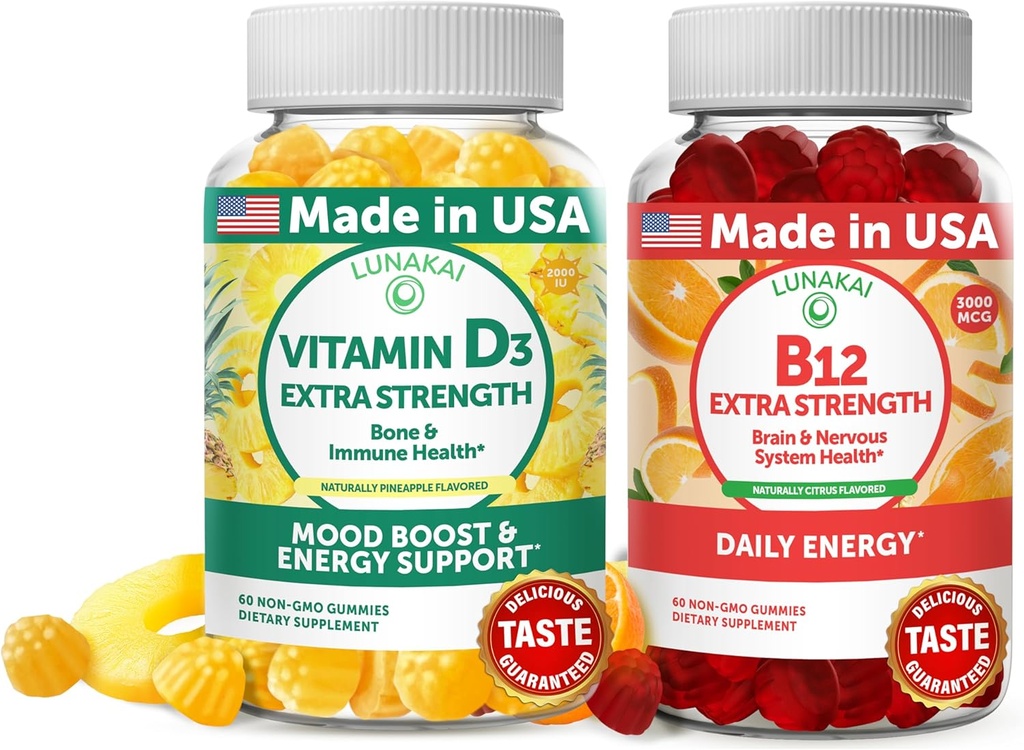 Lunakai 비타민 D3와 비타민 B12 Gummies 번들 - 면역력, 뼈와 계류 지원 VIT D3 2000IU 보충교재 - 3000mcg Methylcobalamin 높은 흡수 에너지 거미 - 30 일 공급