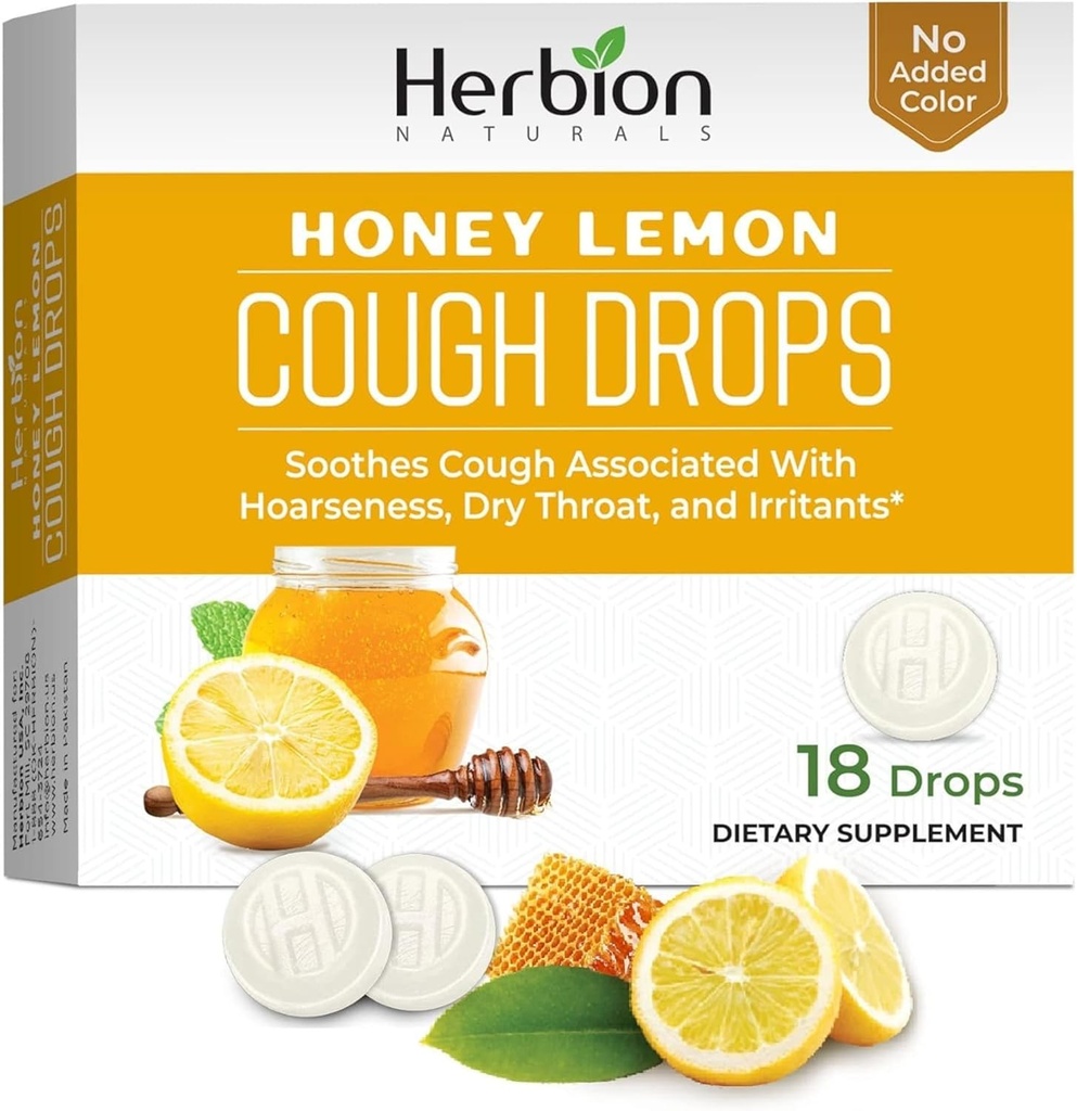 HERBION Naturals Cough Drops, Dietary Supplement, Soothes Cough, 성인 및 어린이 6 년 이상, 인공 맛 없음, 추가 색상 없음 (18 개 팩 1), 꿀 레몬)