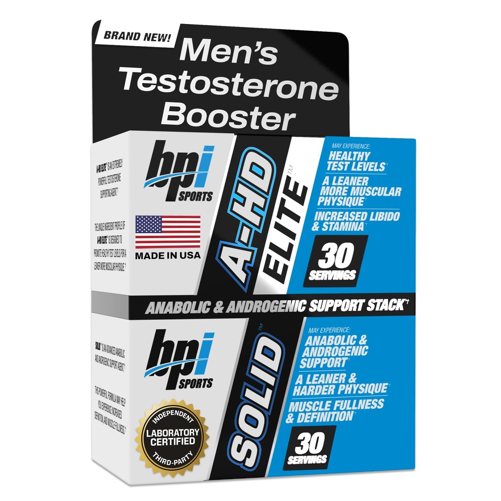 BPI Sports A-HD Elite/Solid Testosterone Booster for Men - 근육, 힘, 리비도 및 성능 지원을위한 테스토스테론 보충 - 천연 지방 손실을 촉진 - 30 서빙 - 550mg