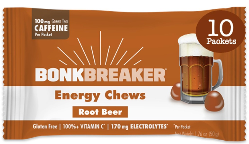 Bonk Breaker Energy Chews, Dairy-Free, Gluten-Free 재료를 사용하여 빠른 에너지 및 초점, 10 Packets, Root Beer의 1 박스 제공