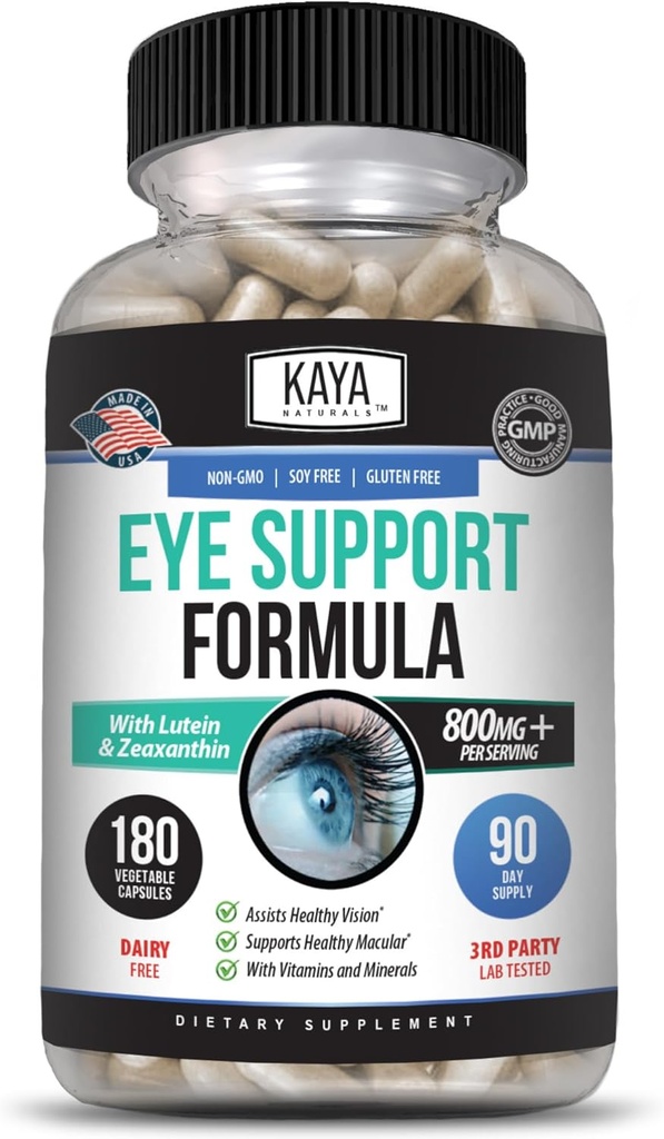 Kaya Naturals Eye Health 보충교재 - Lutein & Zeaxanthin - 지원 눈 스트레인, 건조한 눈 및 시각 건강 - 800mg 비타민 보충교재 - 180 조사