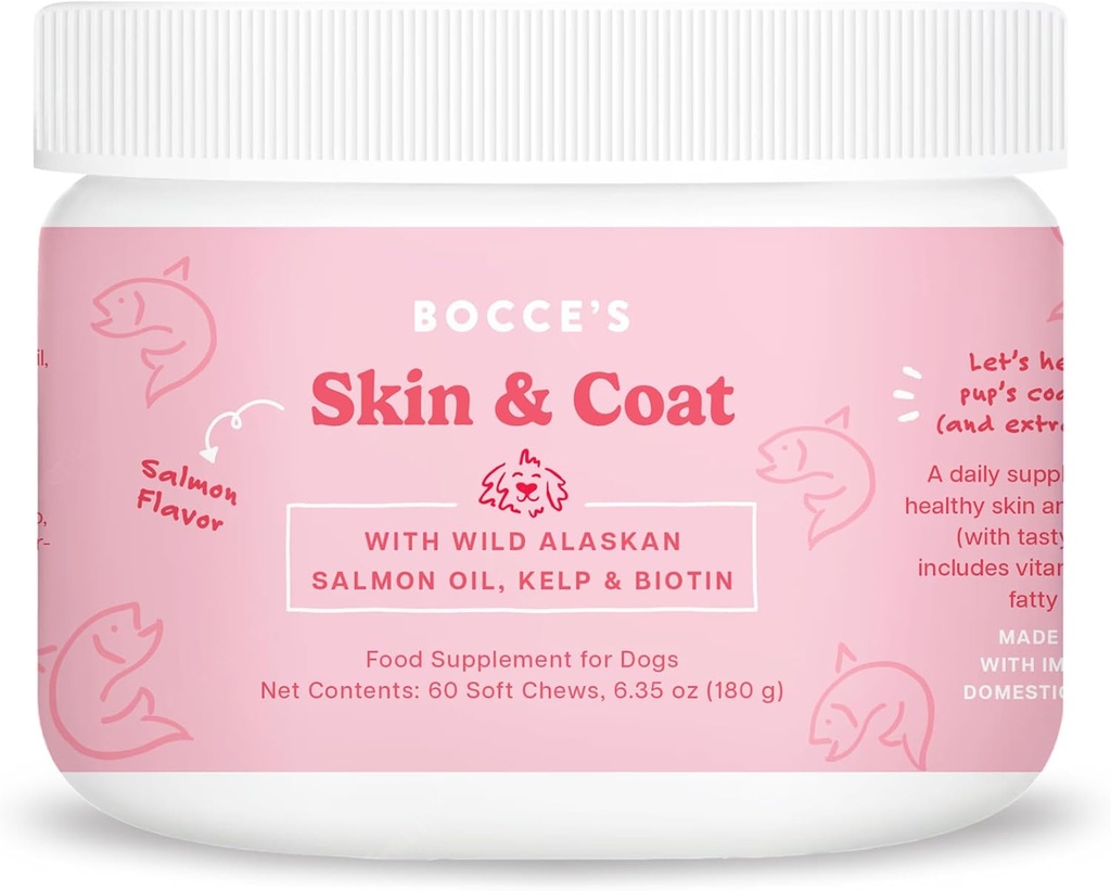Bocce의 Bakery Skin & Coat Supplement for Dogs, 매일 Chews Made in the USA with Vitamin E & Essential Fatty Acid, 지원 건강한 피부 & 외투, 살몬, 60 ct, 레드 (DG-SP-SKIN60)