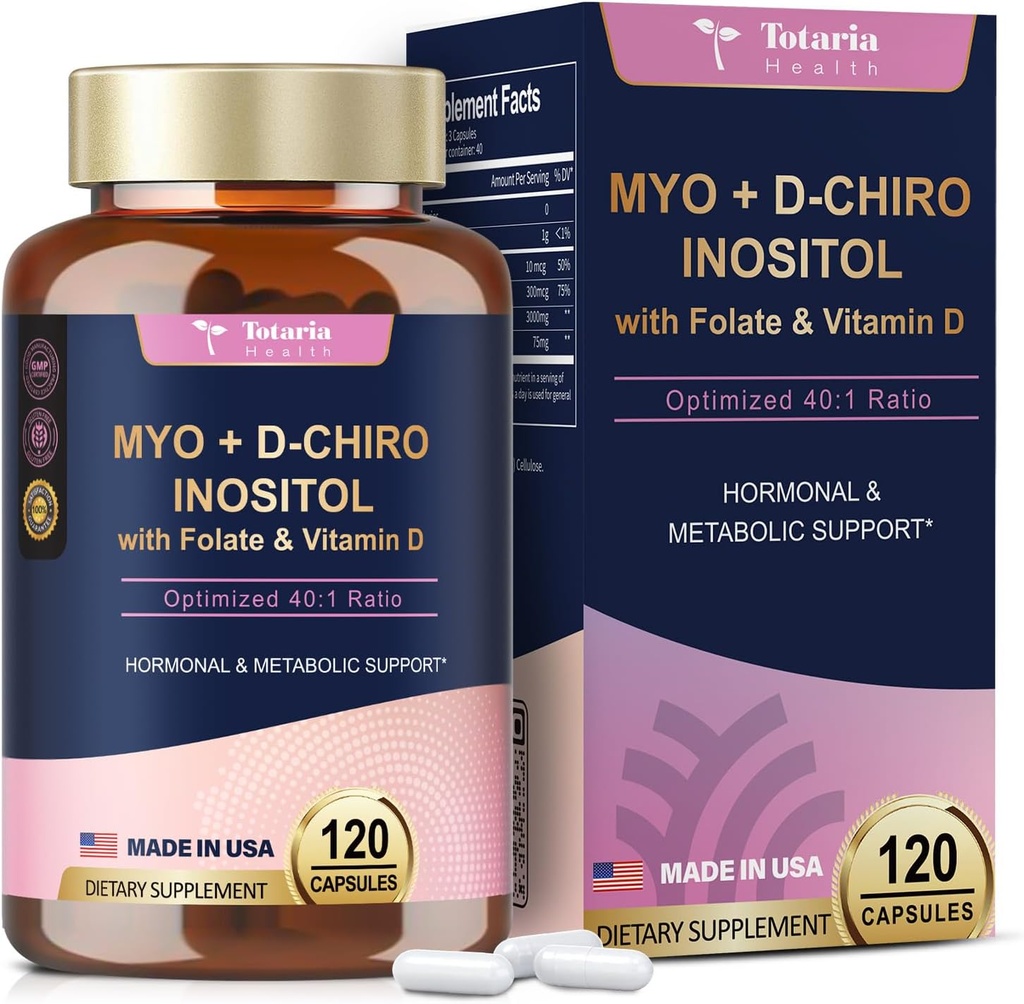 Totaria Inositol 보충 - 3075mg Myo-Inositol & D-Chiro Inositol 캡슐 플러스 비타민 D3, Folate, 이상 40 : 1 비율 - 여성을위한 호르몬 균형 & Ovarian * 지원 | Vegan, 비 GMO - 120 모자