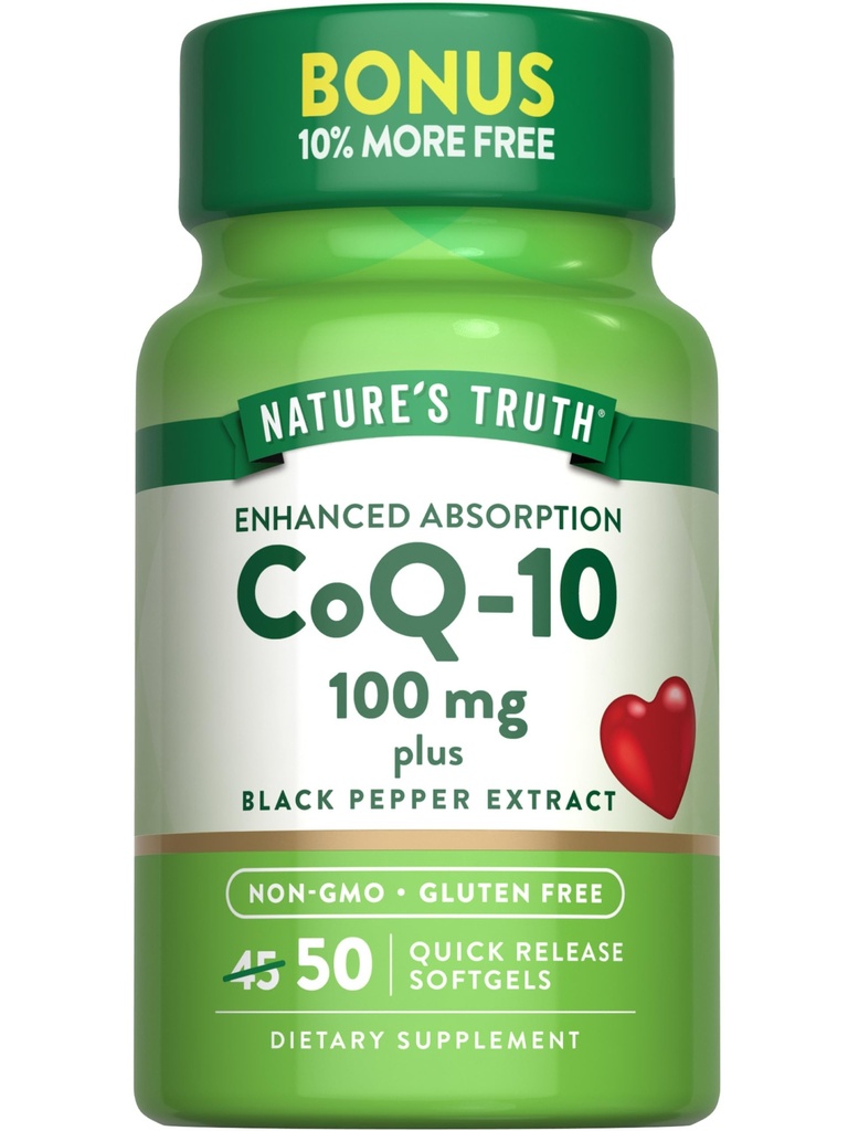 자연의 진실 CoQ10 100mg | 50 Softgels | Plus Black Pepper Extract | Non-GMO 및 글루텐 무료 보충