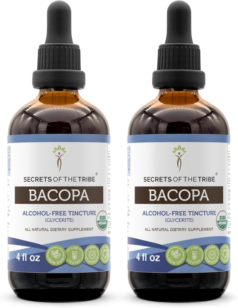 Tribe Bacopa USDA Organic의 비밀 | 알코올 프리 추출물, 고순도 허브 드롭 | 100 % 인증 유기농 바코파 (Bacopa Monnieri) 건조 허브 2x4 온스