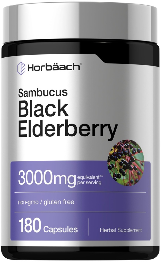 Horbäach Black Elderberry | 3000mg 캡슐 | 180 개 | 비 GMO, 글루텐 프리 | 삼부커스 추출물 보충