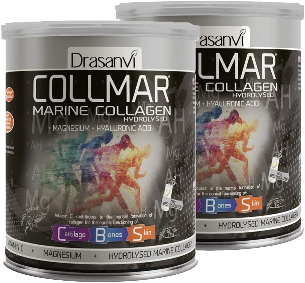 Drasanvi 2 팩 Collmar는 마그네슘 분말 300g 바닐라 풍미를 가진 가수분해한 바다 교원질을 가수분해했습니다 - 건강한 피부 연골과 뼈를 위한 스페인 보충교재 - 타이어와 피로를 최소화하는 것을 돕습니다