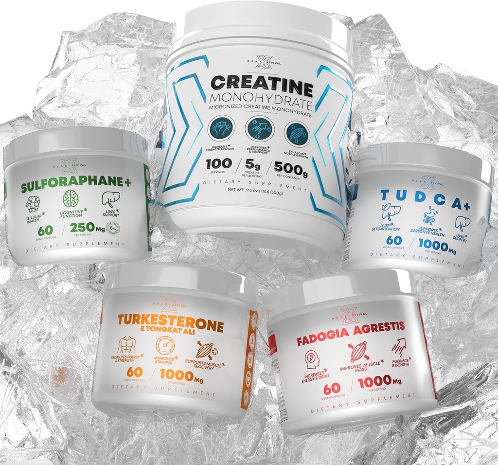 번들 - Turkesterone & Tongkat Ali + Fadogia Agrestis + Creatine + Sulforaphane + TUDCA - 부스트 체력, 근육 성장, 간 건강,인지 기능 및 해독 - 미국에서 만든