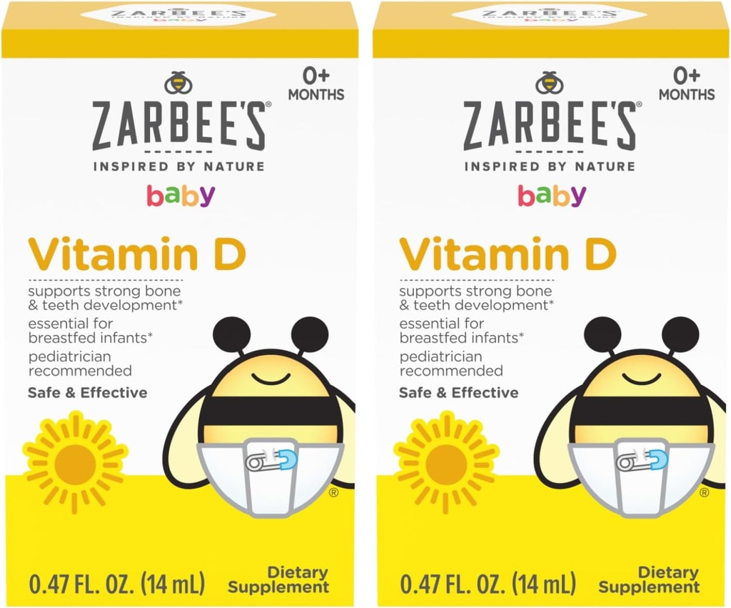 Zarbee's Vitamin D Drops for Infants, 400IU (10mcg) Baby & Toddler Liquid Supplement, Newborn & Up, Dropper Syringe 포함, 2 0.47 Fl Oz 병 팩