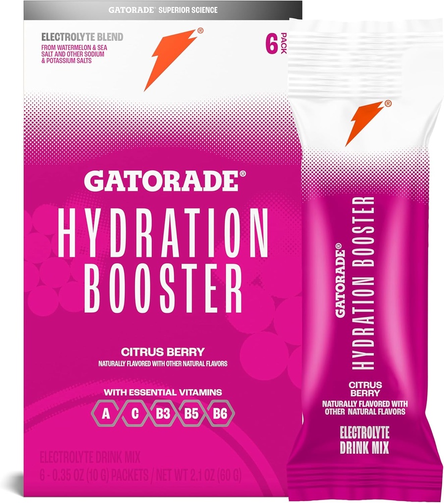 Gatorade Hydration Booster Electrolyte 음료 믹스 파우더 패킷, Citrus Berry, Advanced Electrolyte Blend, 추가 색상 없음, 인공 감미료 없음, 필수 비타민 A, C, B3, B5, B6, 20 Fl Oz, (6 팩)