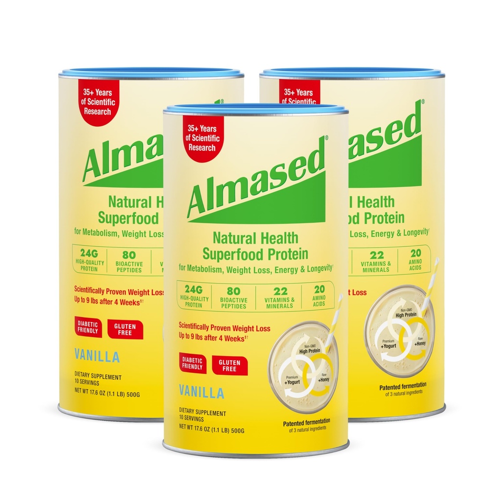Almased 바닐라 식사 보충 Shake - 낮은 글리세라이드 높은 식물 기본적인 단백질 분말 영양 무게 건강 지원 보충교재 - 바닐라 풍미 - 17.6 oz (1.1 파운드 (3 팩)