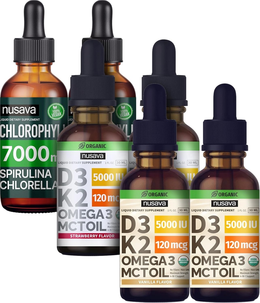 NUSAVA 딸기 맛 D3 K2 드롭, 바닐라 맛 D3 K2 드롭, & Chlorophyll 액체 드롭 번들 - 심장, 관절, 에너지 및 면역 지원을위한 강력한 액체 비타민 - 비 GMO, 글루텐 - 무료, 2pk