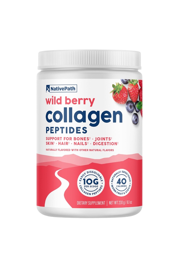 NativePath 교원질 펩티드 - 가수분해된 유형 1 & 3 교원질. Keto & Paleo Grass-Fed Protein Powder for Hair, Skin, Nails, Bones, Joints, Digestion and More - 글루텐이나 다이리 없음 (Wild Berry, 230g)