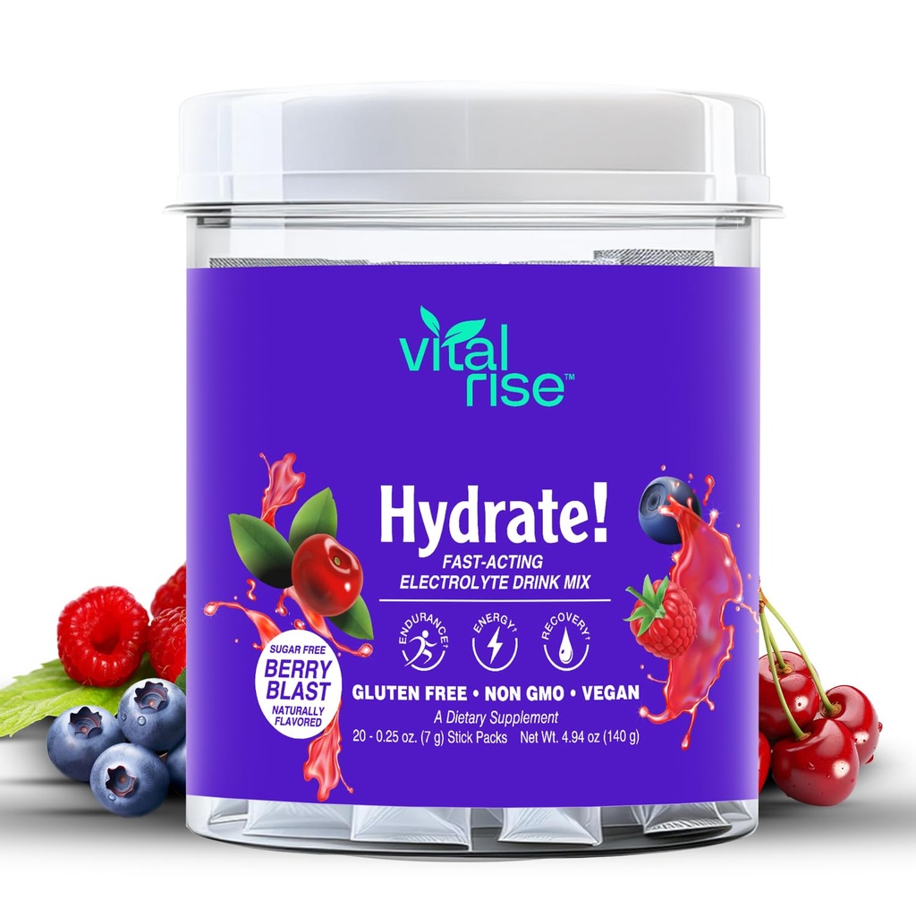 Vital Rise® Hydrate! - Berry Blast - Hydration Powder Packets | 낮은 나트륨 Electrolyte 음료 믹스 | 간편한 Open Single-Serving Stick | Non-GMO | 20 서빙 (패키지)
