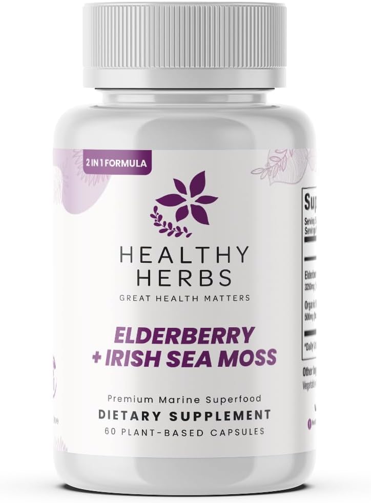 건강한 허브 Wildcrafted Elderberry Sea Moss 캡슐 | 2600mg 아일랜드어 Sea Moss + Elderberry Essentials Blend | US-Made, Vegan, Non-GMO, Easy-Swallow (60 캡슐)