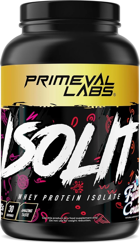 Primeval Labs ISOLIT - Whey Protein Powder, 100 % Whey Isolate, 단백질 25g, BCAA, 빠른 흡수, 쉬운 소화 (Fruity Cereal, 2lb)