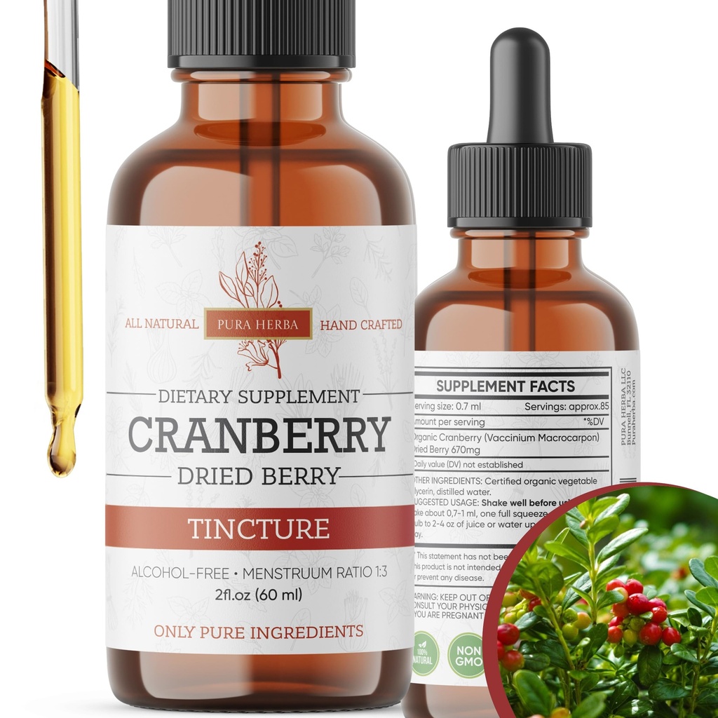 Cranberry Tincture - 유기 크랜베리 추출물 액체, 알코올 - 무료 초본 보충 - 미국에서 만든