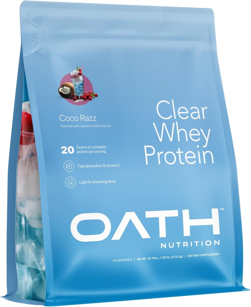 Oath Nutrition Clear Whey Isolate Protein Powder, Coco Razz, 20g Complete Protein per 서빙, 추가 설탕 없음, Grass-Fed, 18 서빙