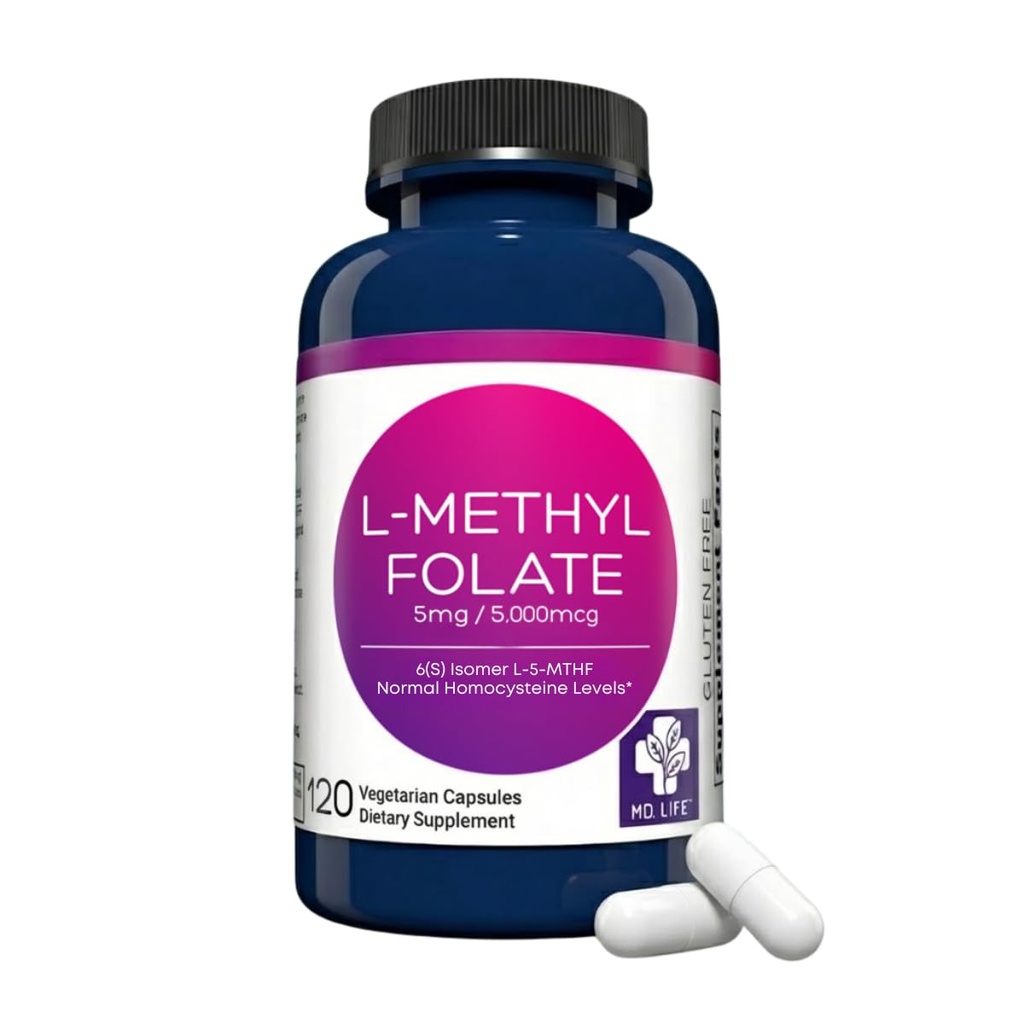 MD 생활 L-Methylfolate 5 mg 보충교재 - 직업적인 급료 활동적인 L Methylfolate 보충교재 - 120의 캡슐 - L-Methylfolate 5mg - 최대 힘 MTHFR W/Essential 아미노산