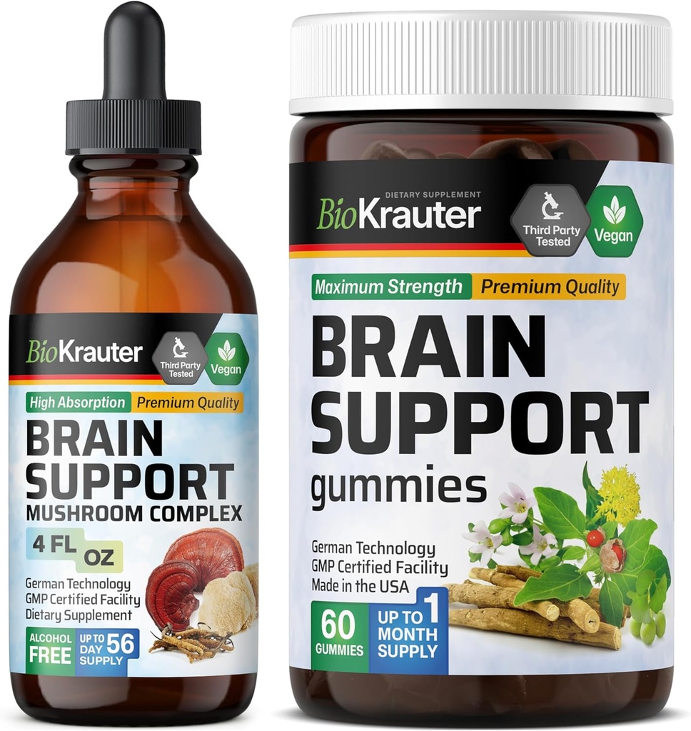 BIO KRAUTER 두뇌 지원 60 Gummies & 두뇌 지원 버섯 Tincture 4 Fl. Oz.