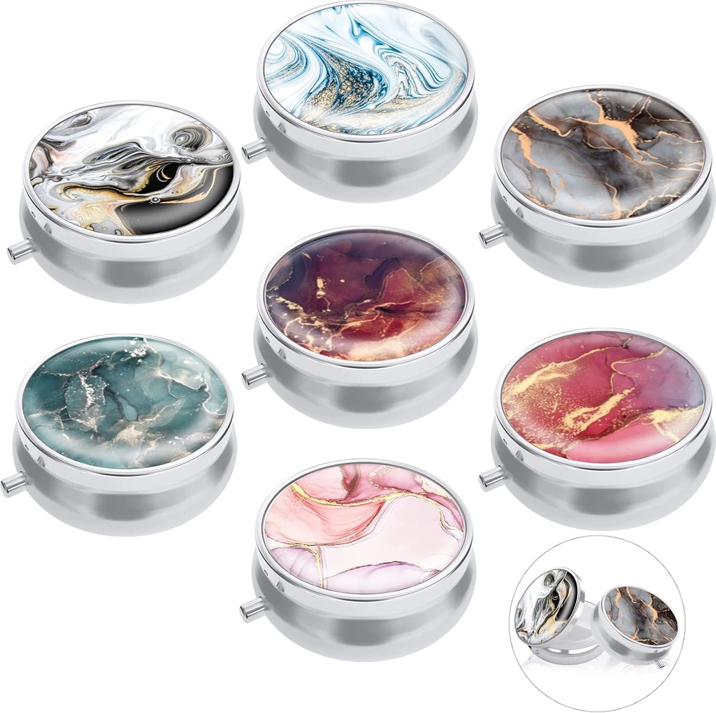 7PCS 둥근 알약 상자 상자 상자, ULENDIS 3 격실 휴대용 귀여운 여행 알약 상자 약 정제 비타민 홀더 조직자, 지갑 소형 여행 선물을 위한 장식적인 회화 약 저장 콘테이너