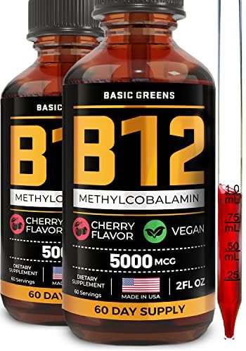 비타민 B12 하위 언어 액체 드롭 5000 mcg - 에너지 및 초점을위한 Vegan 메틸 B-12 보충 - 여성 및 남성을위한 B 12 비타민 - 빠른 흡수 Methylcobalamin - 120 서빙 - 4 fl oz