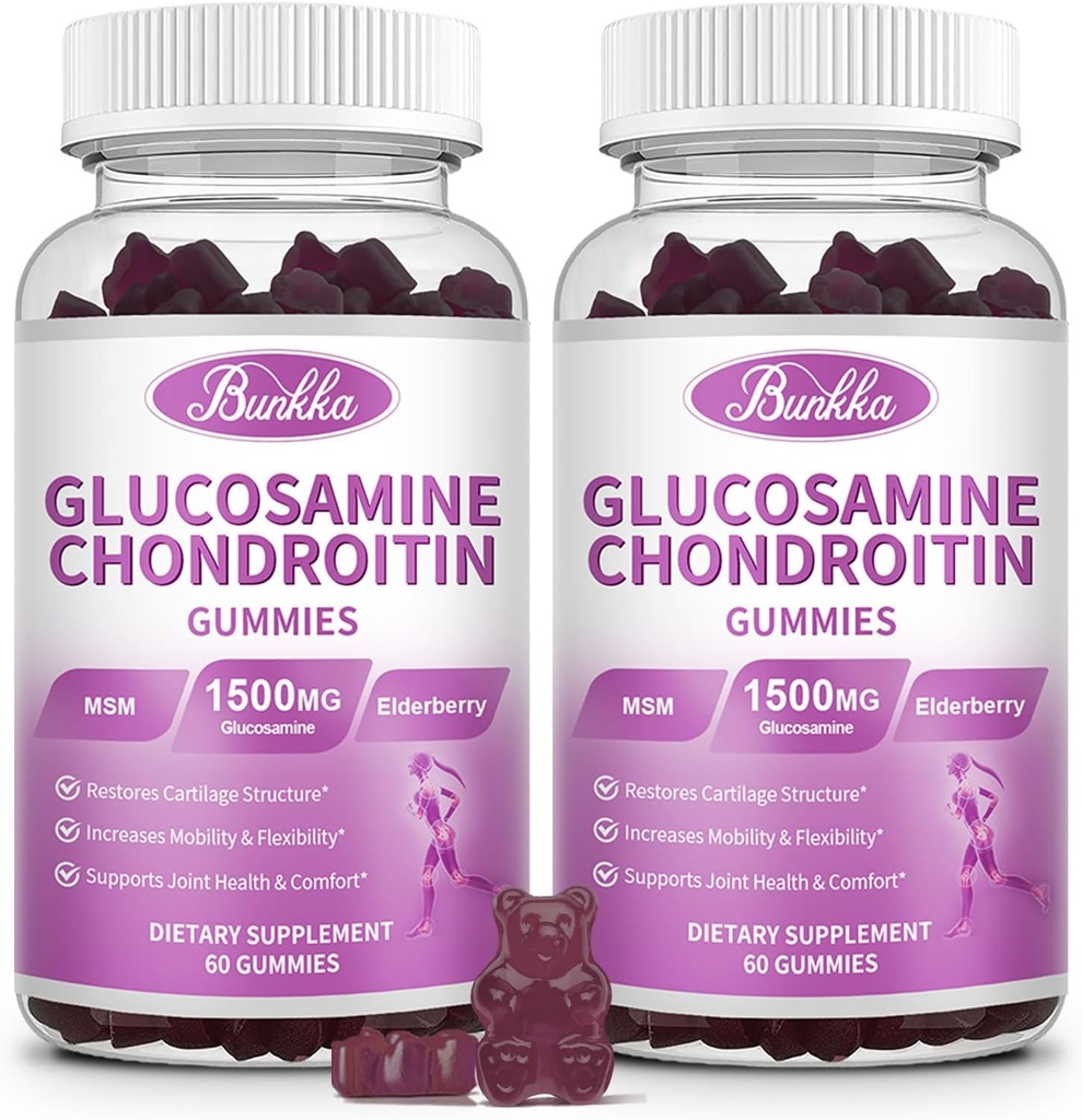 2 팩 Glucosamine Chondroitin Gummies 여분 힘 w/MSM의 Elderberry의 여자를 위한 Hyaluronic 산 Cheewable 합동 지원 보충교재, 합동 안락 & Mobility를 위한 성인 산화 방지제 지원