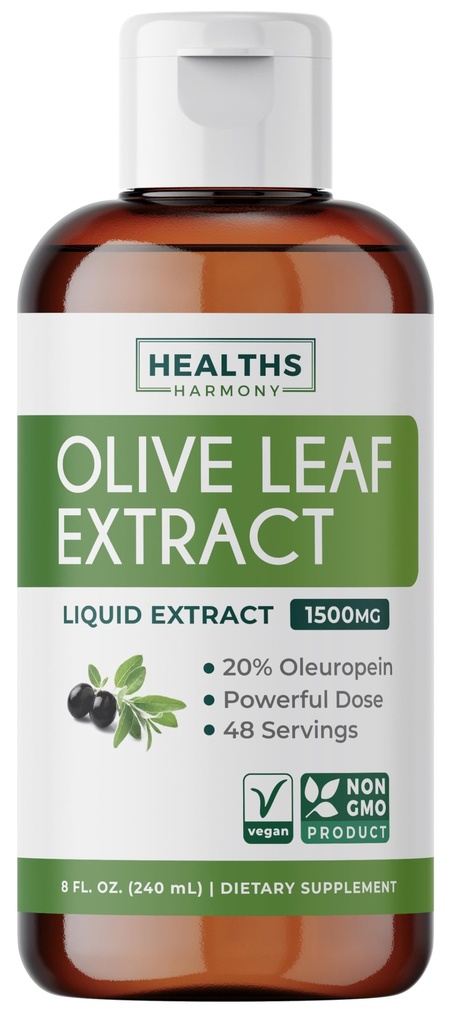 올리브 리프 추출물 (Non-GMO) 슈퍼 강도 : 20 % Oleuropein - 1500mg - 채식 - 면역 지원 보충교재, 피부 건강 및 강력한 산화 방지제 보충 - 액체 추출물 - 8 Fl Oz