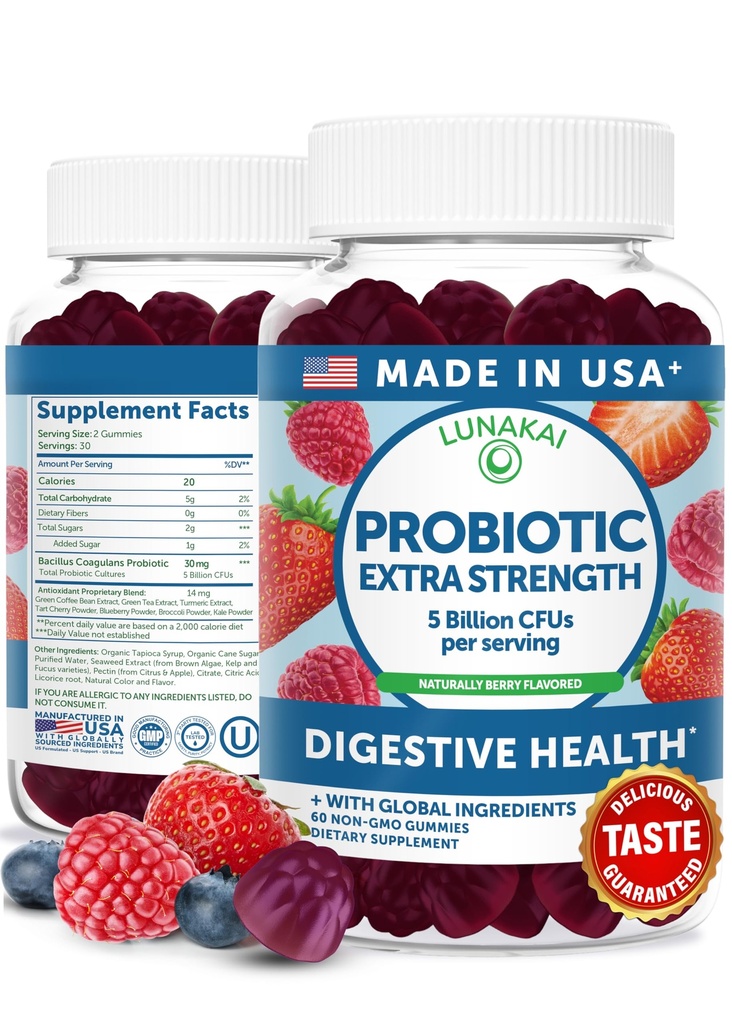 Lunakai USA Made Probiotic Gummies - 5 억 CFUs, Vegan, Non-GMO, Gluten-Free - 여성 및 남성을위한 소화 및 면역 지원 - 60 Chewable Gummies